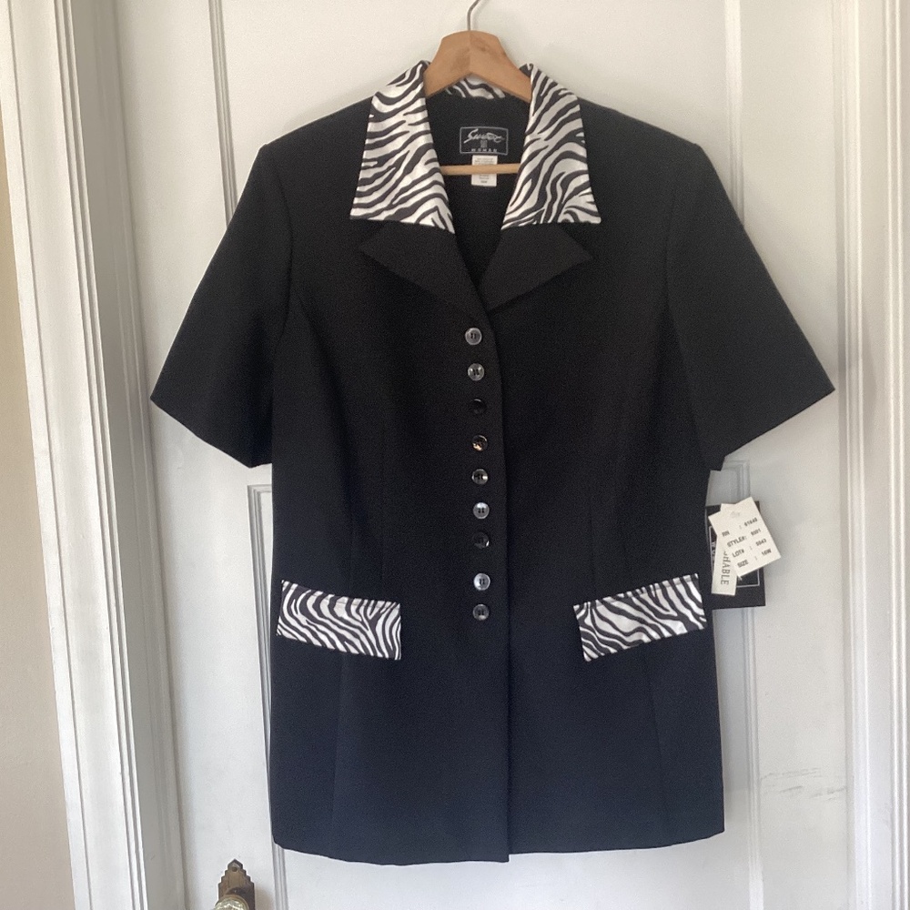 SWEET Suit Womens 16 Blazers Jackets Black Long Line Zebra Trim Short Sleeve NWT